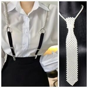 Brand New Elegant Pearl Beaded Tie and Suspender Set